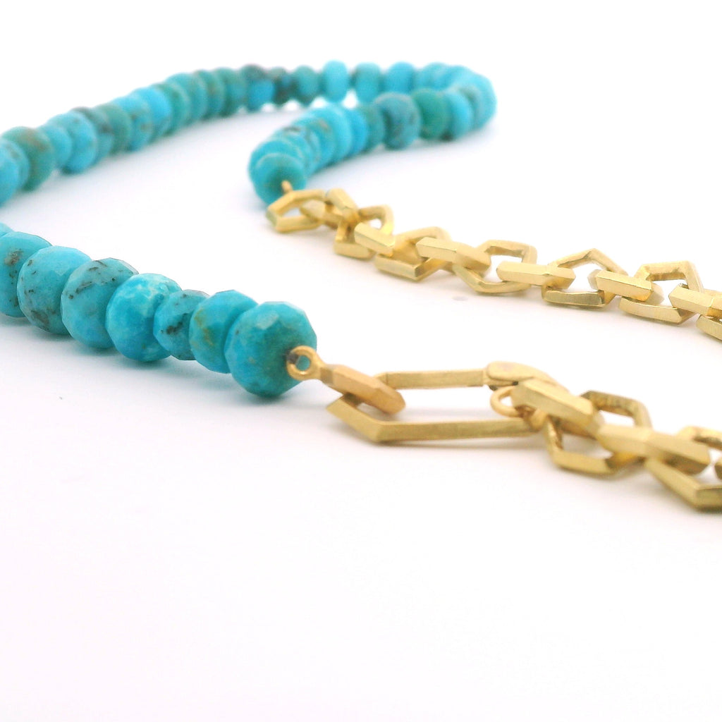 18k Yellow Gold Turquoise and Geometric Chain Divide Necklace