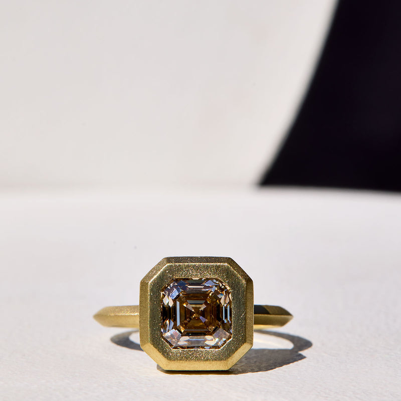 18k Yellow Gold Brown Asscher Cut Diamond Ring