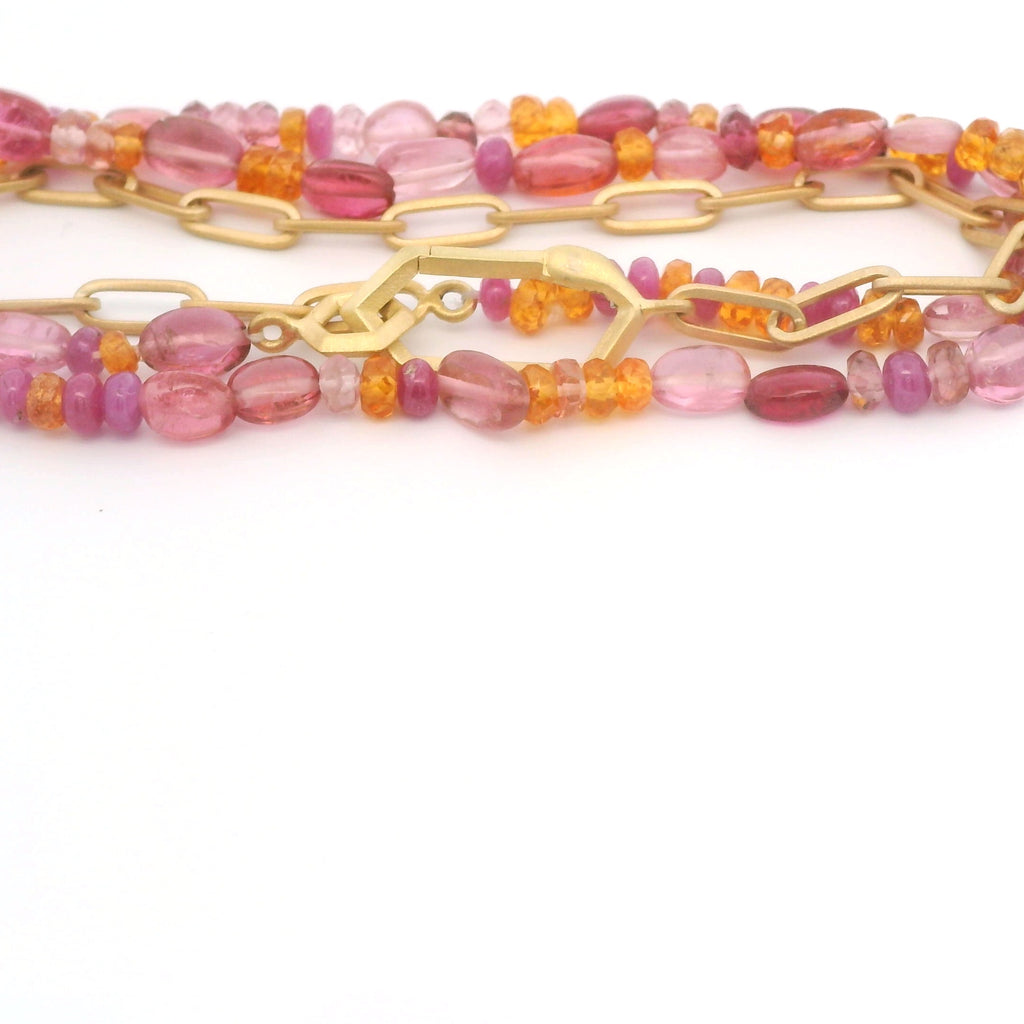 18k Yellow gold Tourmaline Sapphire and Spessartite Garnet Divide Necklace