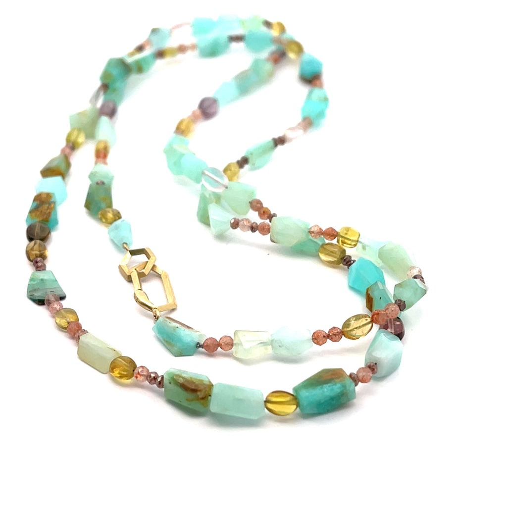 18k Opal, Tourmaline, Sunstone and Brown Diamond On The Rocks Necklace