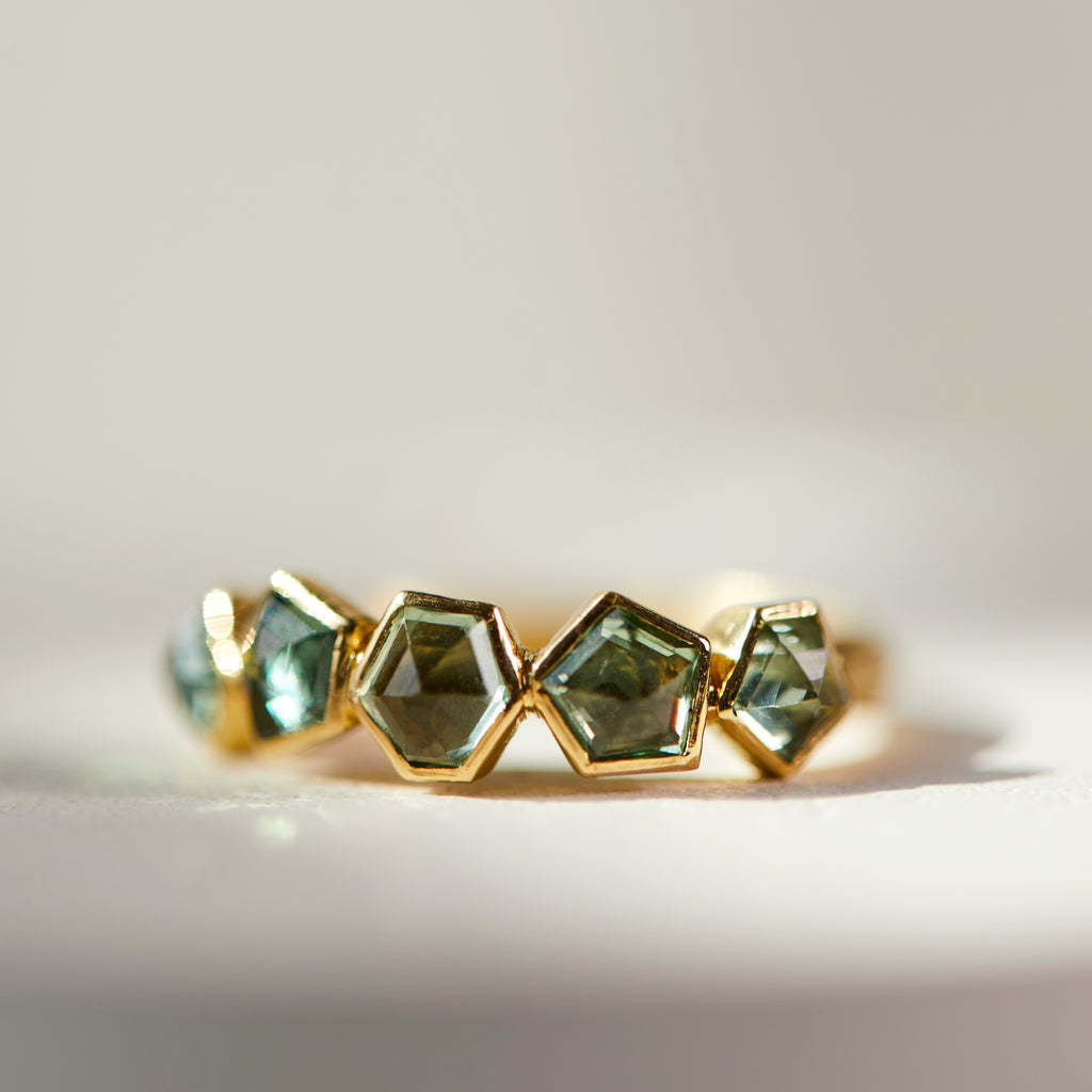18k Yellow Gold Five Stone Pale Green Sapphire Ring