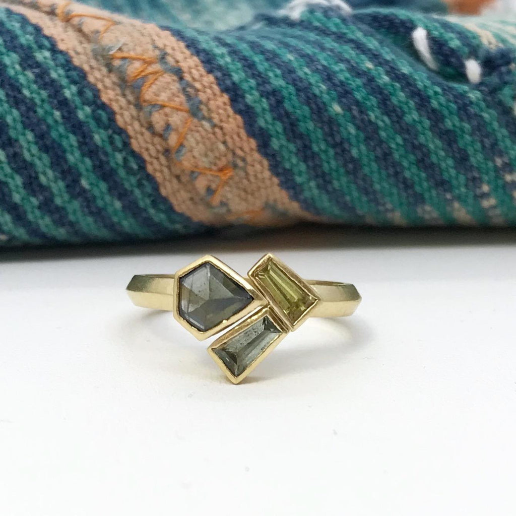 Geometric Dark Green Spinel and Sapphire Ring